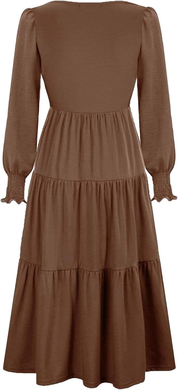 Womens Flutter Long Sleeve Smocked Tiered Nursing Dress for Breastfeeding with Pockets - Image 4