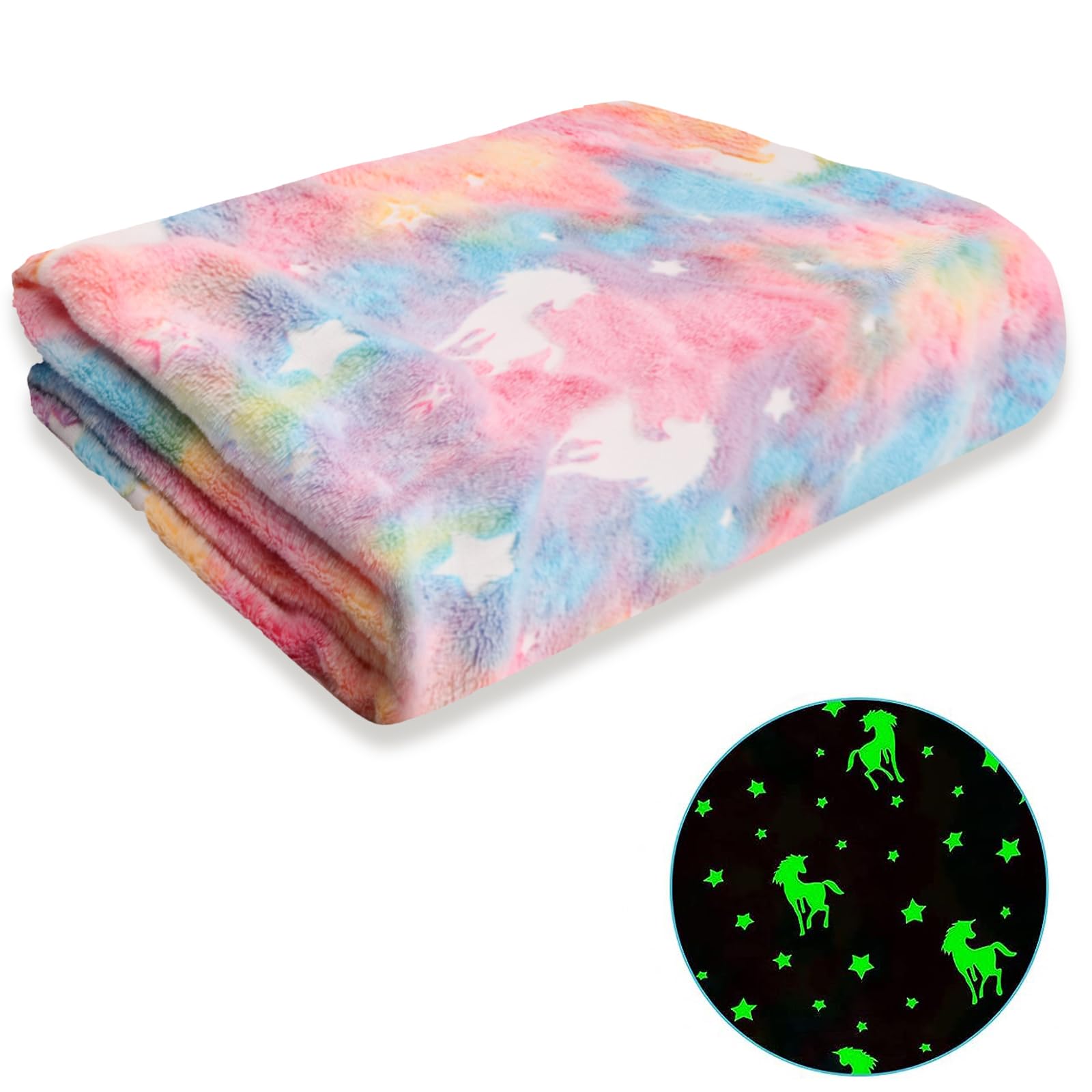 HoaaiGo Luminous Kids Blanket, Glow in The Dark Throw Blanket, 150 x 200 cm Soft Flannel Fleece Blanket for Girls, All Seasons Rainbow Blanket Cuddly Children's Blanket for Bed, Sofa, Chair (A)