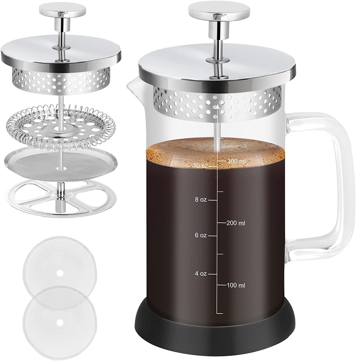 Nukeekee French Press Coffee Maker-304 Stainless Steel Borosilicate mini Glass Small Coffee Press Non-slip Silicone Base-12 oz /350 ml with 2 Extra Screens-Clear and Silver (Concise Style).