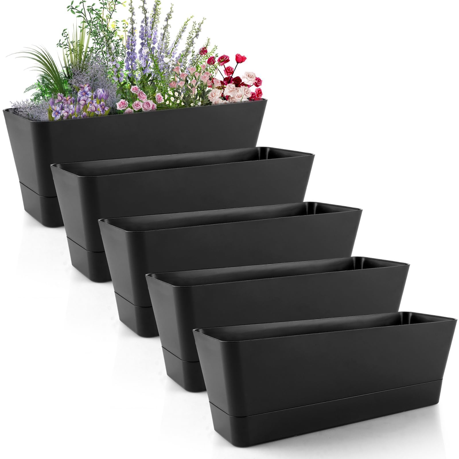 LOLYSIC 5 Stück blumenkästen Balkon, Kleiner Rechteckiger Paletten Blumenkasten, Blumenkasten Fensterbank Pflanzkasten, Schwarz Plastik Pflanzgefäß für Garten, Balkon, Fensterbank(30.5x9.7x8.5CM) Garten