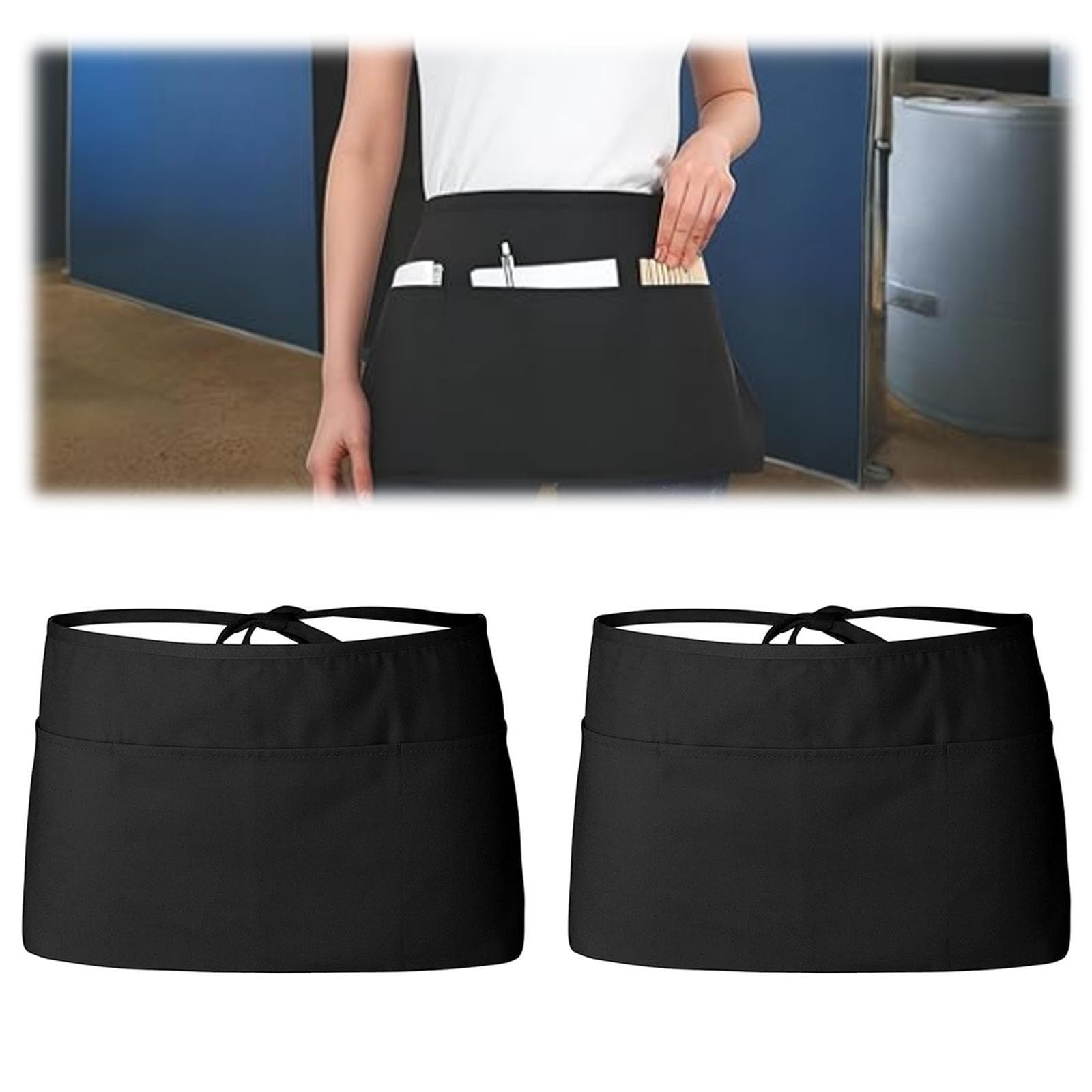 FWORUAIS 2PCS Waitress Apron, Black Waist Apron Short Half Server Aprons for Waitress Waiter Chef Women Men with 3 Pockets