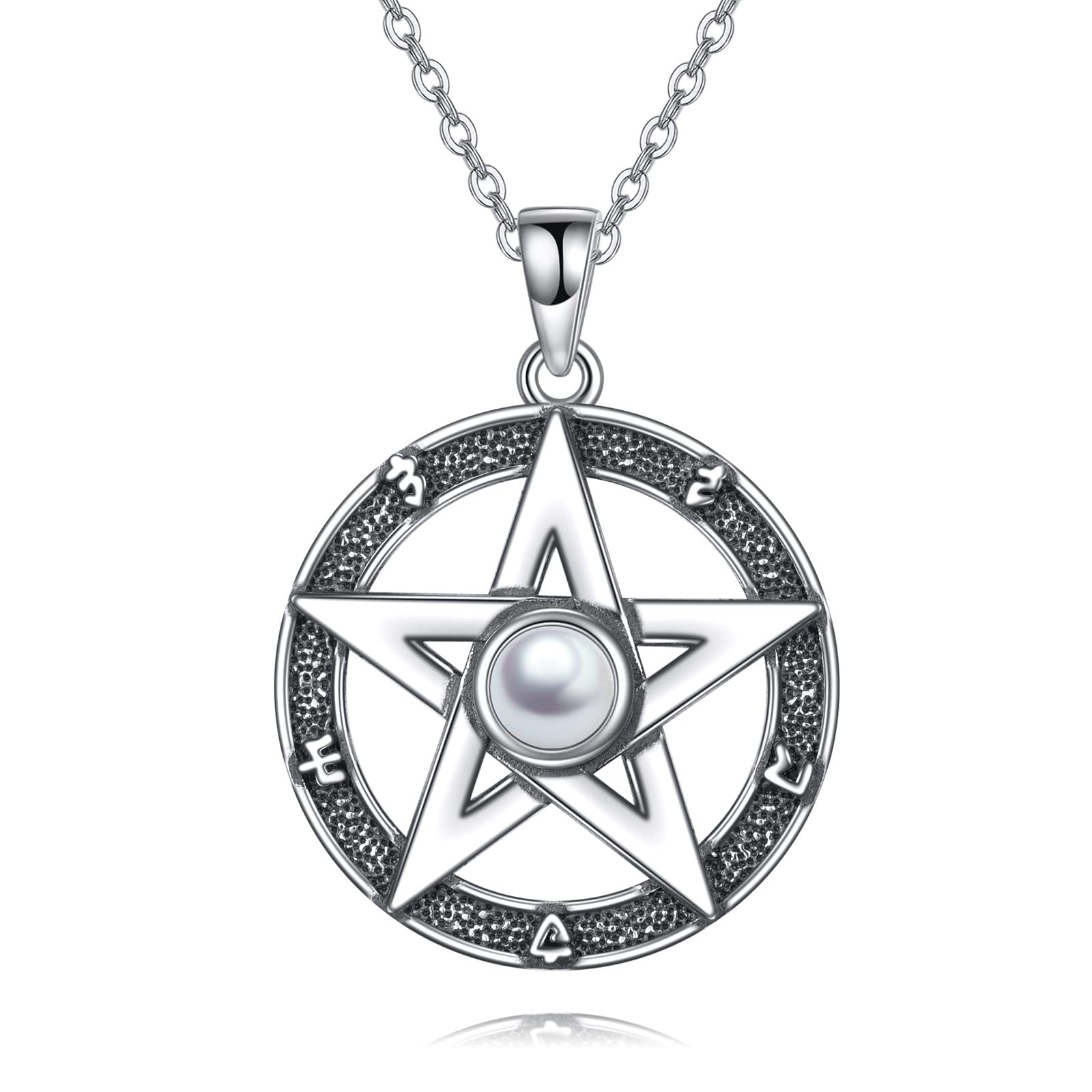 VENACOLY Collar con colgante de pentagrama de plata de ley 925, estrella wiccana, media luna/ojo malvado collares joyas para mujeres hombres regalos, Plata esterlina, Perla