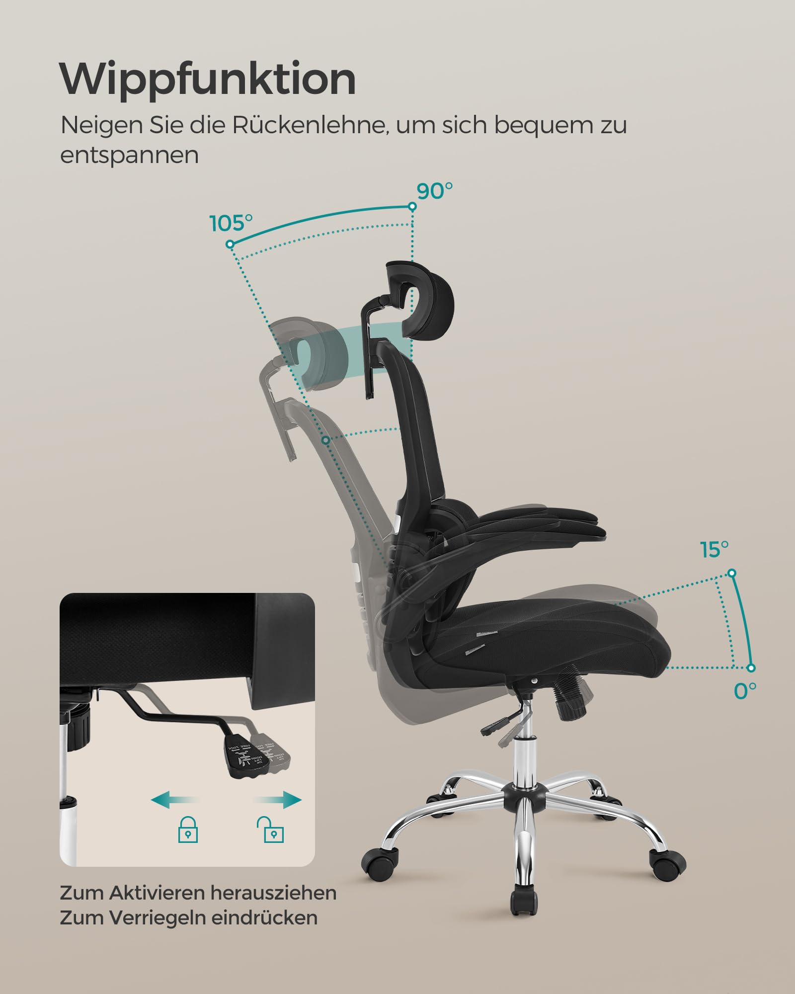 SONGMICS Bürostuhl, Schreibtischstuhl, ergonomisch, klappbare Armlehnen, hohe Rückenlehne, Netzstuhl mit Lendenwirbelstütze und Verstellbarer Kopfstütze, Wippfunktion, tintenschwarz OBN040B01