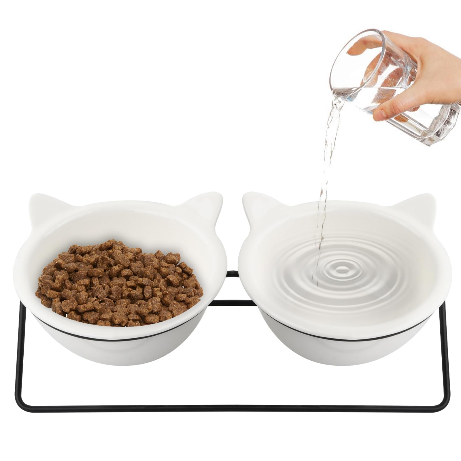 Cozlly Comedero Gato Ceramica, Comedero para Gatos Elevado con 15 ° Inclinado, Cuenco de Comida con Soporte, Comedero Gato Doble Ceramica, para Perros Gatos Cachorro - 300ml × 2 - Blanco