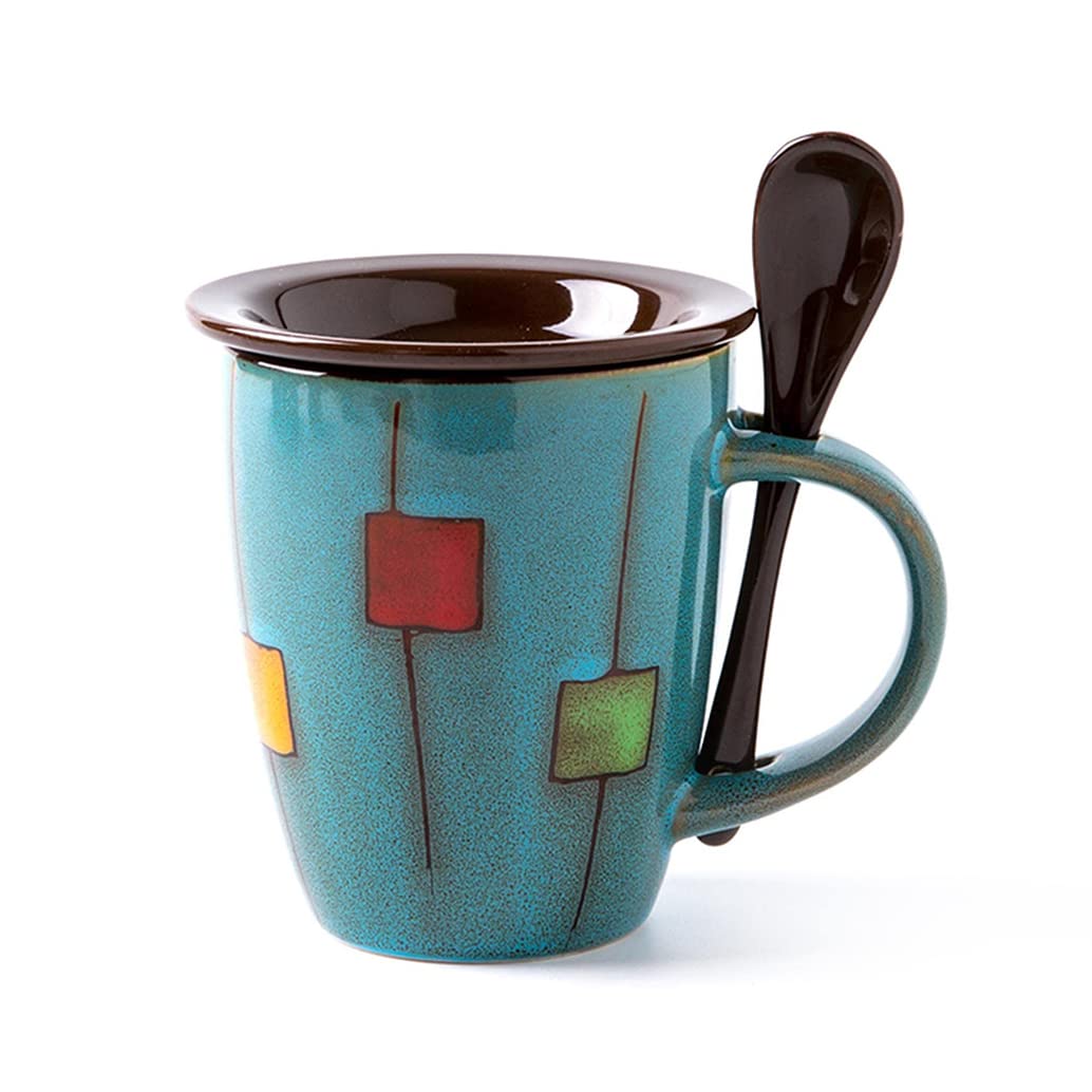 Vintage ceramiczny kubek do kawy z pokrywką i łyżką, porcelanowy kubek do herbaty kubek do herbaty dla kobiet mężczyzn przyjaciół ręcznie robiony prezent kubek ceramiczny kubek do herbaty niebieski 350 ml