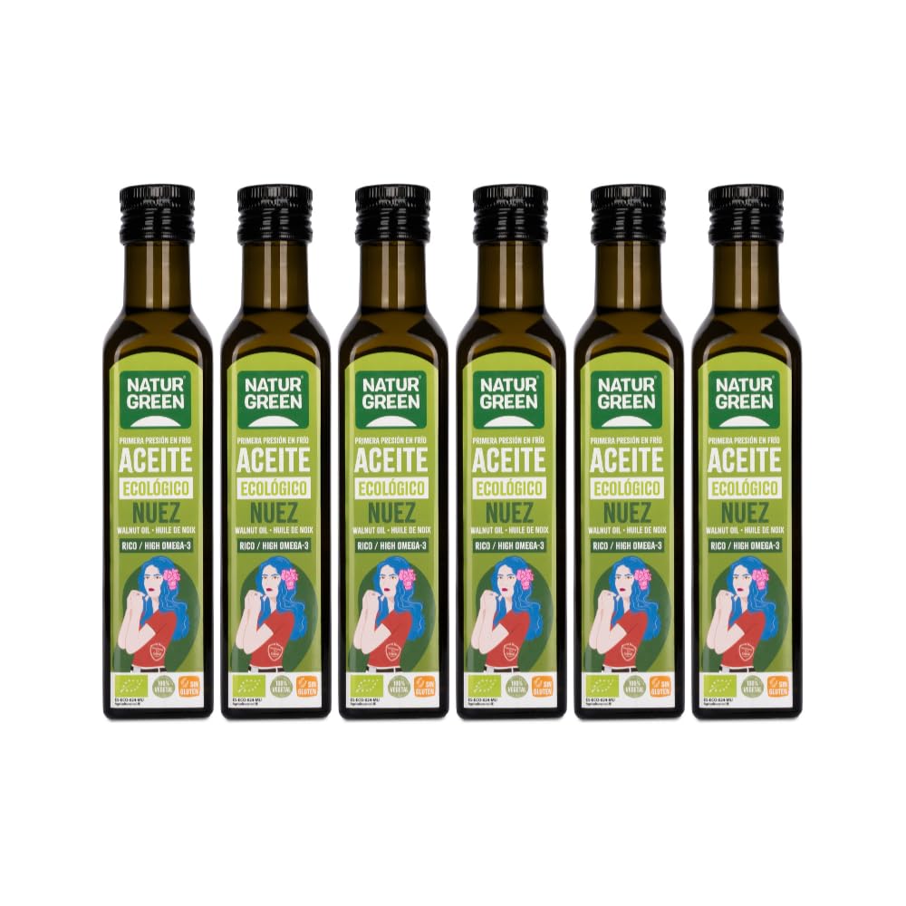 NaturGreen - Aceite de Nuez Bio, Pack 6 x 250 ml, Aceite Vegetal Ecológico Primera Presión en Frío, Rico en Omega 3 y 6, Ideal para Ensaladas, Cocina Saludable y Vegana