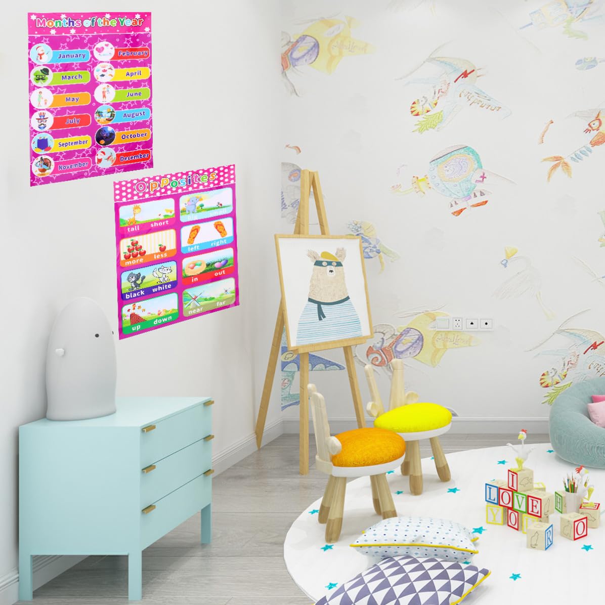 HANABASS Affiche 14pcs Éducative en Papier Synthétique Préscolaire Autocollante Stimule la Créativité des Garçon et Filles en Anglais pour Chambre de ou Crèche