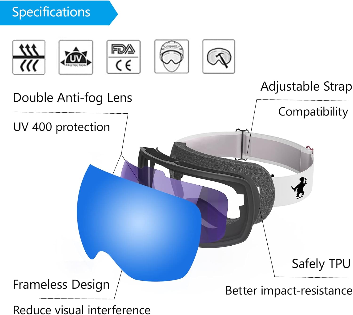Ski Goggles for Men Women - OTG Snowboard Goggles with Framless Anti-Fog Spherical Lens : Sports & Outdoors