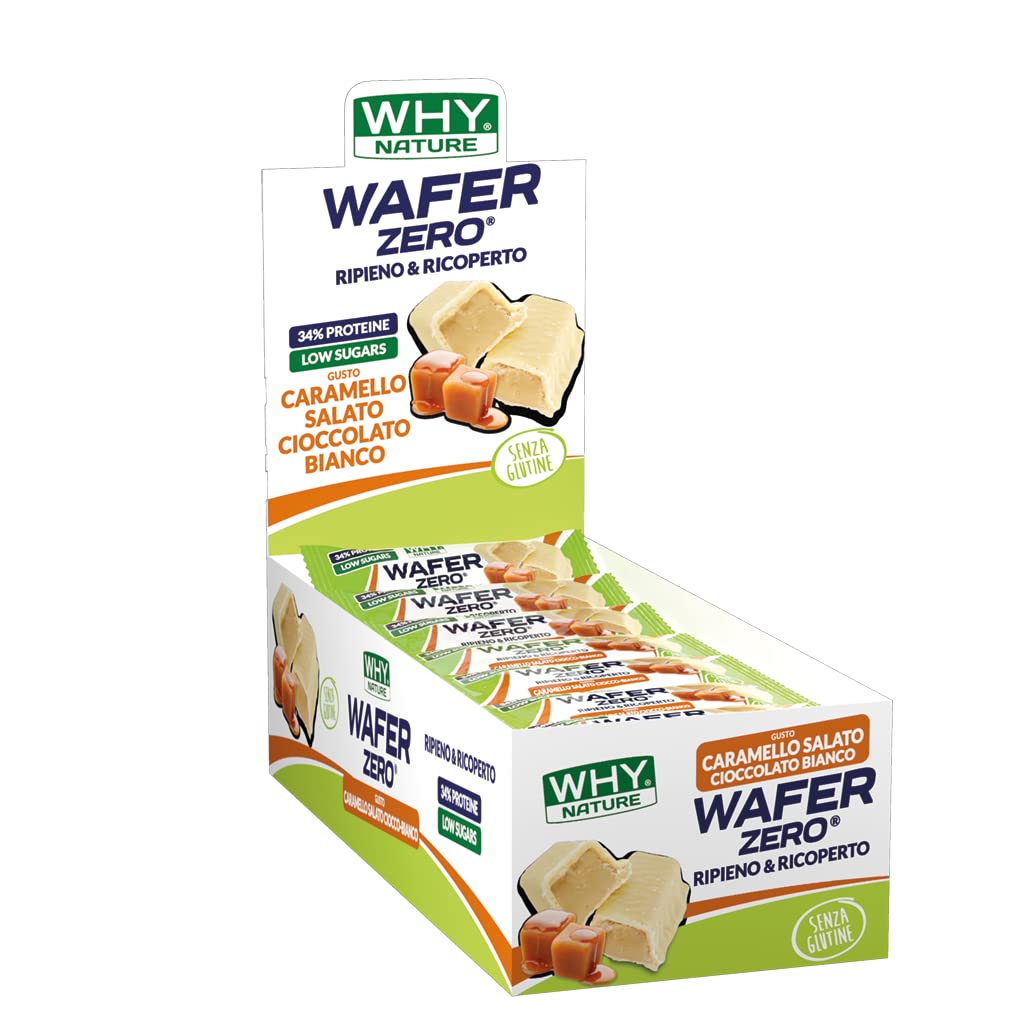 WHY NATURE WAFER ZERO - Cialda di Wafer con Ripieno Proteico - Snack Proteici Senza Glutine - Box da 24 Pezzi - 35 gr (Caramello Salato e Cioccolato Bianco)