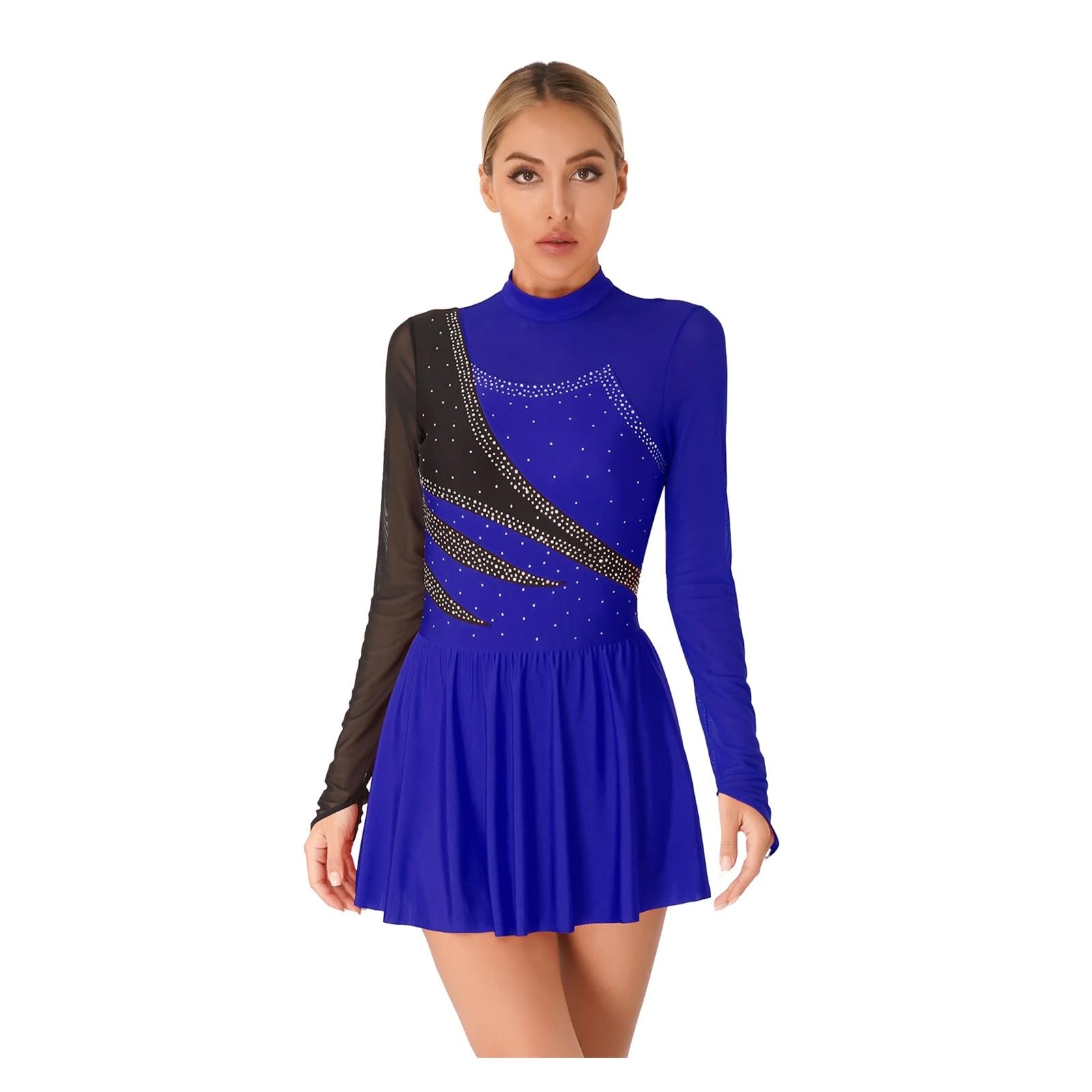 Damen Eiskunstlaufkleider Performance Strass Ballett Tanz Trikot Kleid Transparentes Netz Langarm Eislaufen Kostüme FüR MäDchen Und Damen