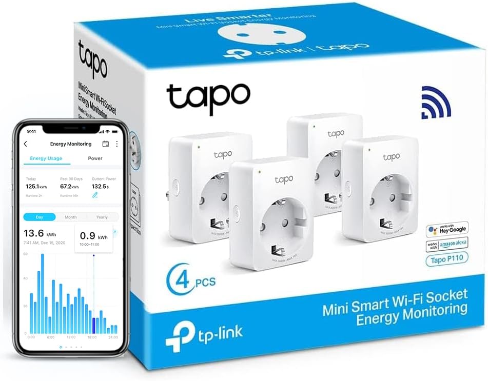 Tapo Prise Connectée WiFi, Suivi de consommation, 16A Type F, compatible avec Alexa et Google Home, Contrôler le ventilateur, le climatiseur, Économie d'énergie, Commande vocale, Tapo P110(4-pack)