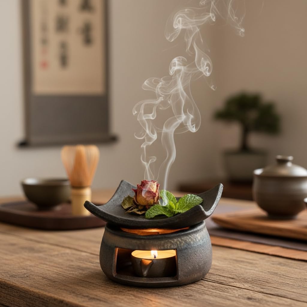 Ceramic Tea Stove Warmer Set, Zen Aromatherapy Burner, Ceramic Aromatherapy Stove Essential Oil, Handmade Zen Incense Burner Kit Multi-Functional Teapot Warmer for Home Office (Brown B)