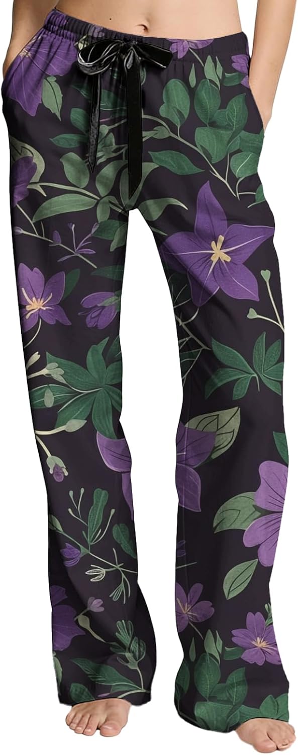 Women Floral Wide Leg Pants Drawstring Elastic Waist Soft Comfy Lounge Pajama Casual Daily Boho Trousers