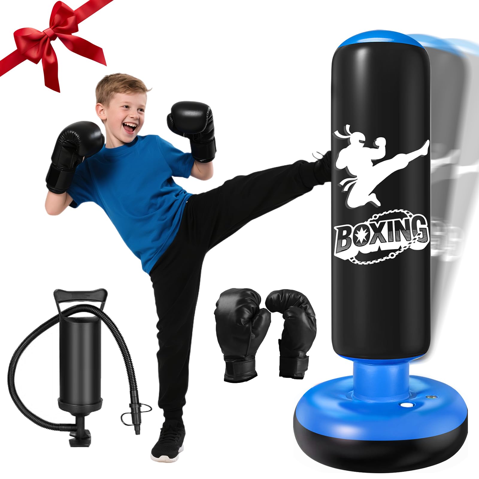 Ninonly Boxsack Kinder Stehend mit Boxhandschuhen 160cm Ultra Verstärkte PVC Aufblasbarer Boxsack Standboxsäcke für Kinder Geschenk für Jungen & Mädchen im Alter von 3-12 Jahren für Karate,Taekwondo