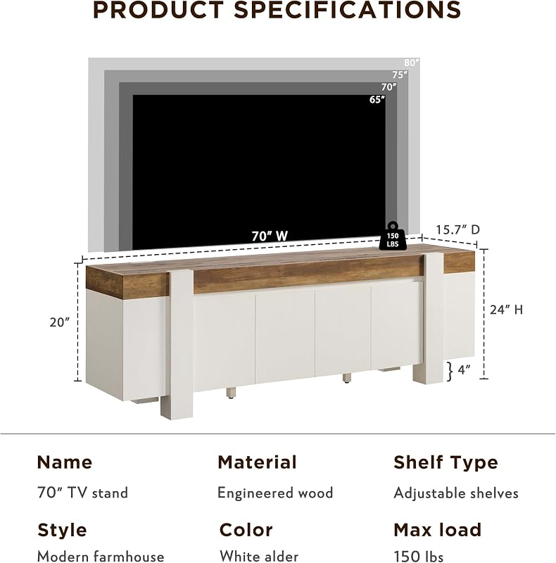 OKD 70" Modern Farmhouse TV Stand for TVs up to 80 Inch, Antique White image 2