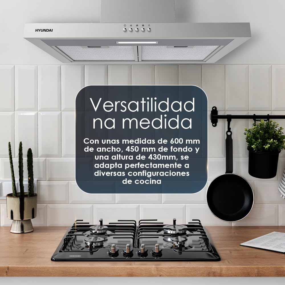 Hyundai Campana Extractora Tipo T 60cm Inox HCPT600BX. Potencia 66,5m3/h, Tiro Doble, 3 Velocidades, Control Manual, Filtro apto para Lavavajillas.