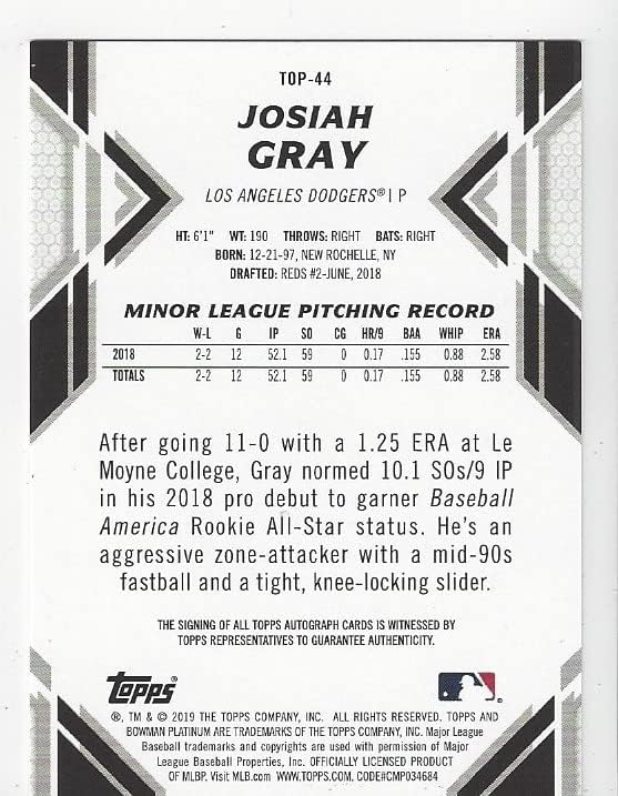 Josiah Gray Autographed Bowman Platinum TOP Prospect Collectible Baseball Card - 2021 Bowman Platinum Baseball Card #TOP-44 (Los Angeles Dodgers) Free Shipping