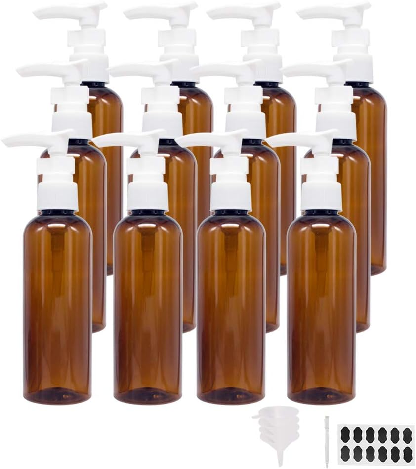 (Amber) 12 Pack 3.38OZ(100ML) Empty Plastic Pump Bottles with 1 Pen, Labels & 4 Funnels, Refillable Travel Lotion & Shampoo Bottles for Body Wash, Massage Gel