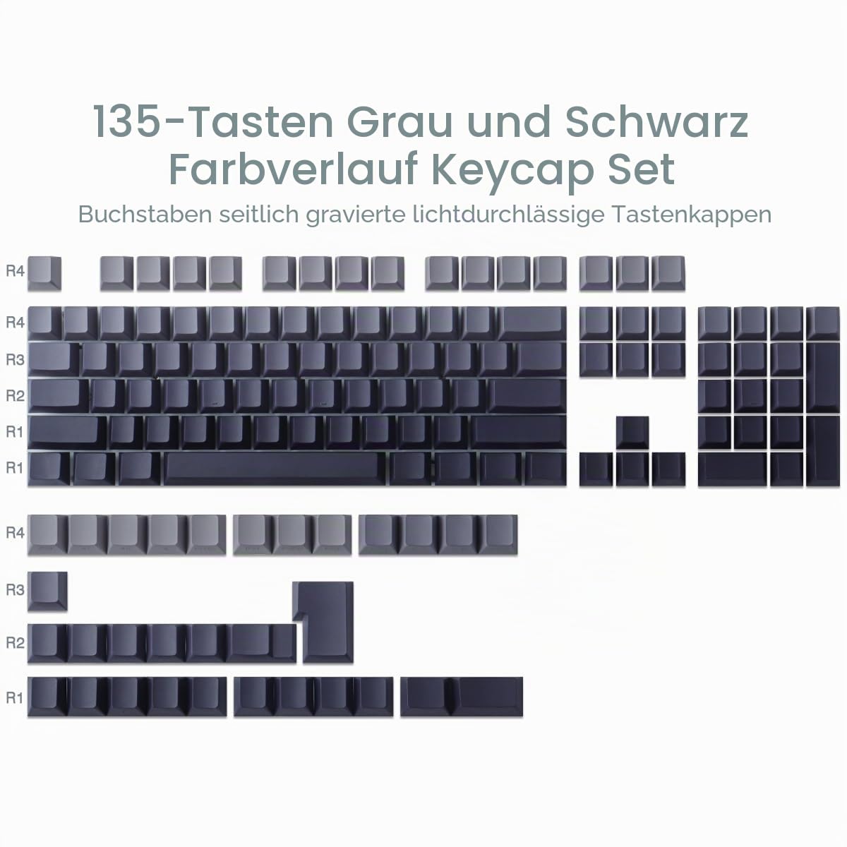 Hyekic PBT Keycaps 135 Tasten Custom Grey Gradient Keycaps Letter Side Engraved Transparent Tastenkappe ANSI&ISO Layout für Cherry MX Switches Mechanische Tastaturen (Cherry Profile)