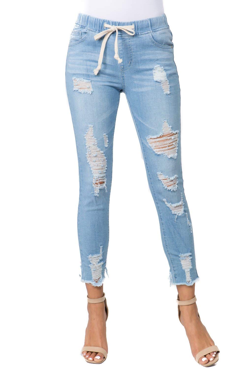 Twiin Sisters Women's Drawstring Waist Elastic Slim Fit Stretch Destroyed Denim Jogger Pants Jeans for Women