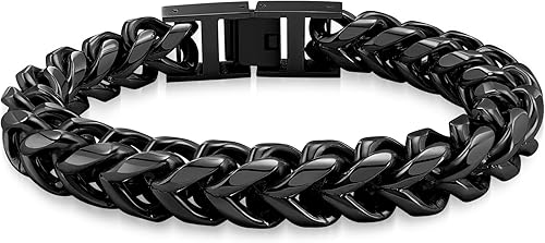 10MM Stainless Steel Black Franco Link Chain Bracelet - Fold Over Clasp - Gift f