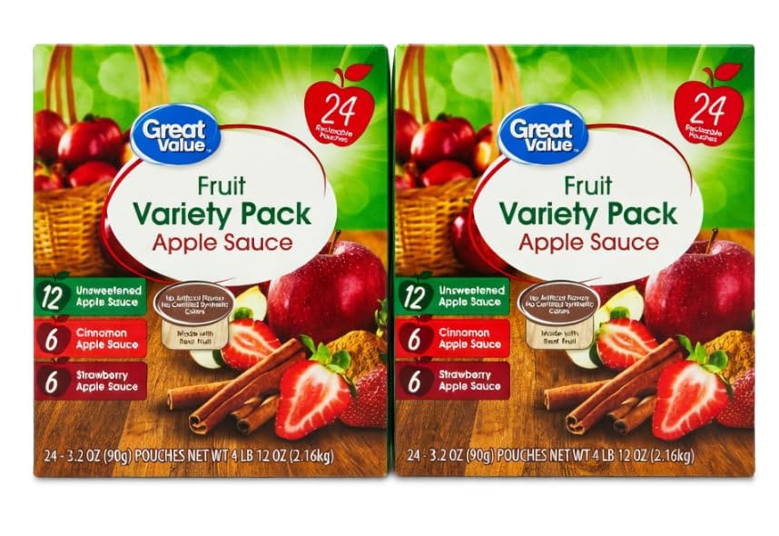 Great Value Applesauce Pouches Variety Pack, Apple, Cinnamon & Strawberry, 3.2 oz, 24 Count, Gluten-Free, 2-Pack