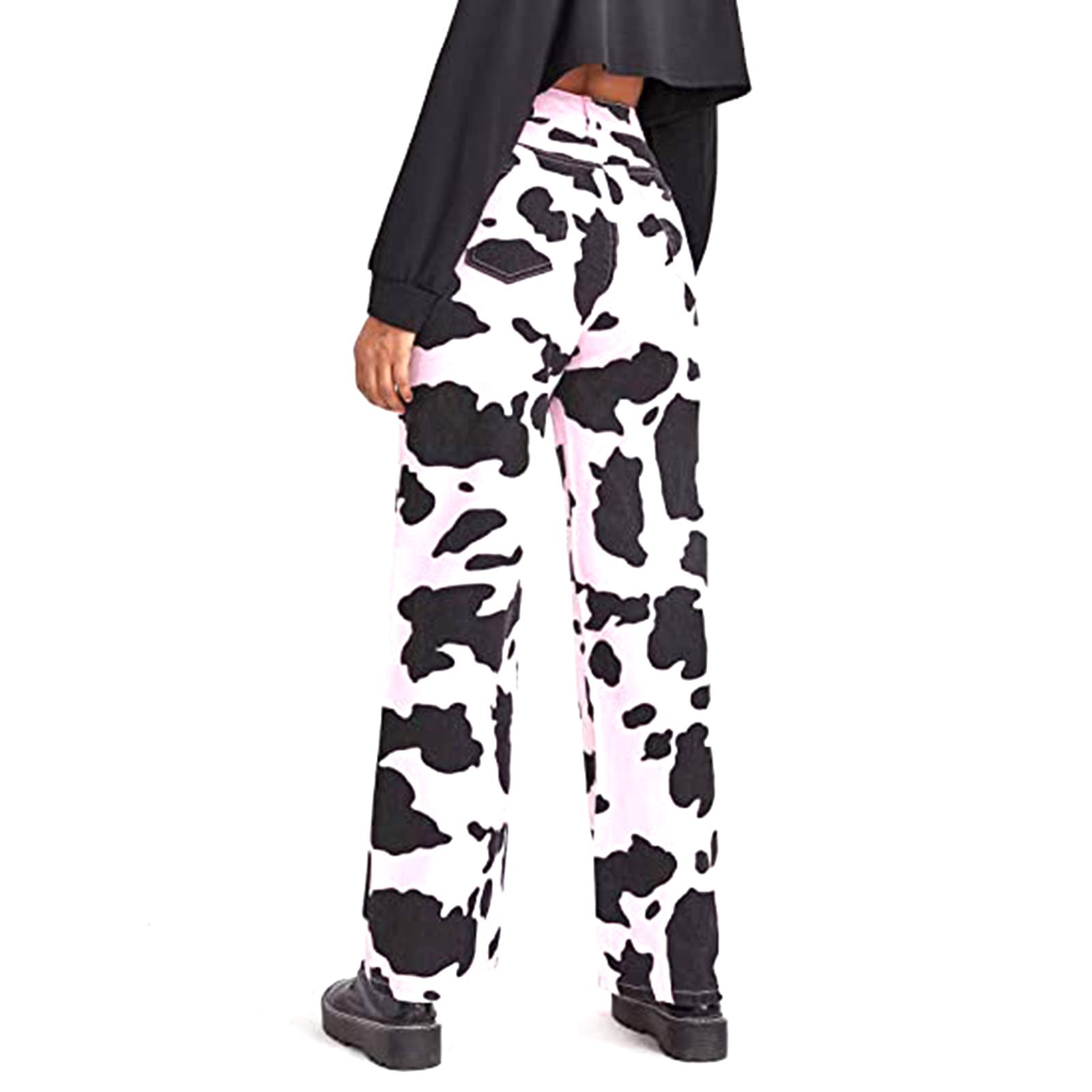 LYSINK Pantaloni casual da donna Y2k Denim stampa mucca pantaloni a vita alta gamba dritta jeans blocco di colore pantaloni larghi con tasca