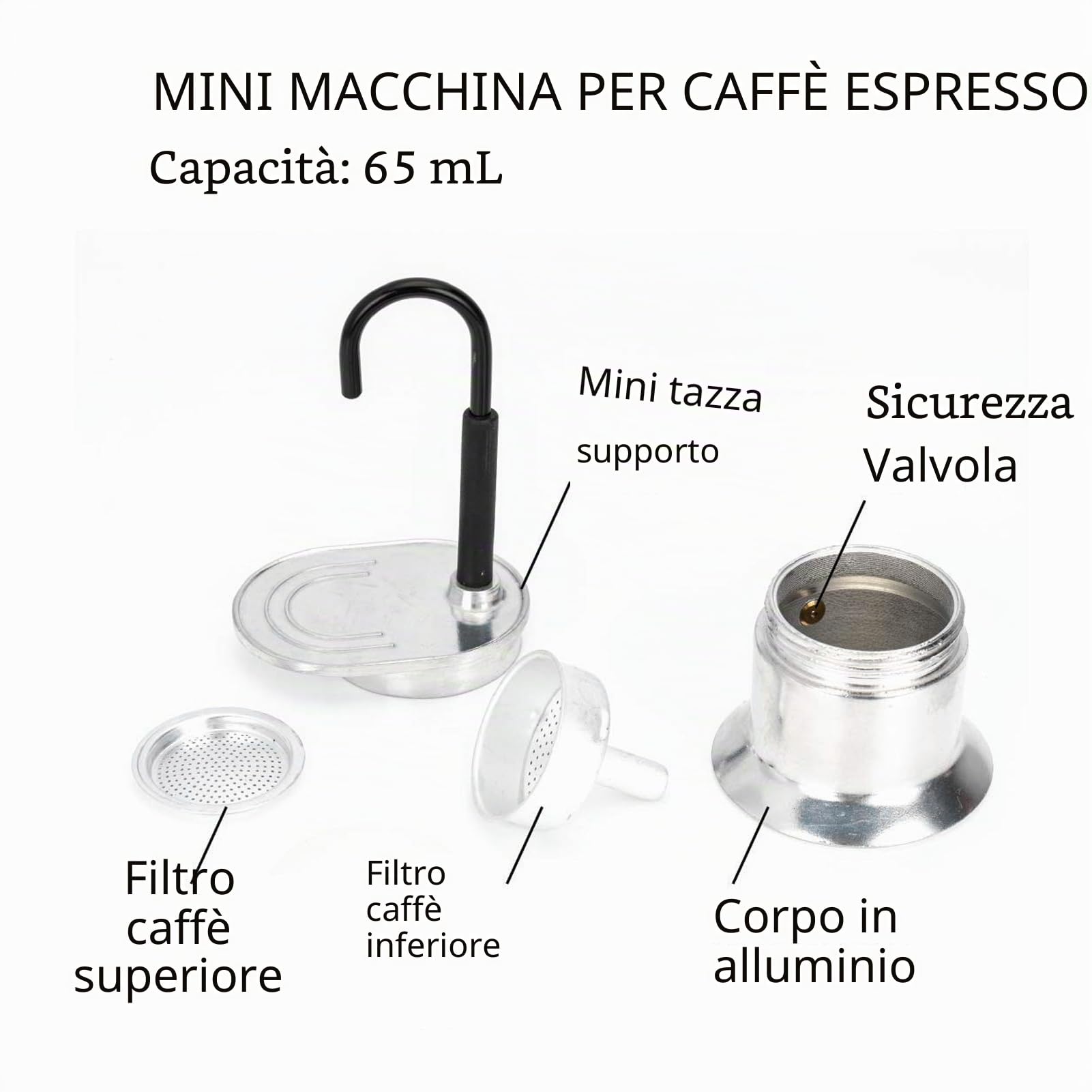 Caffettiera italiana a becco singolo 1 tazza 50 ml in lega di alluminio per piano cottura esterni