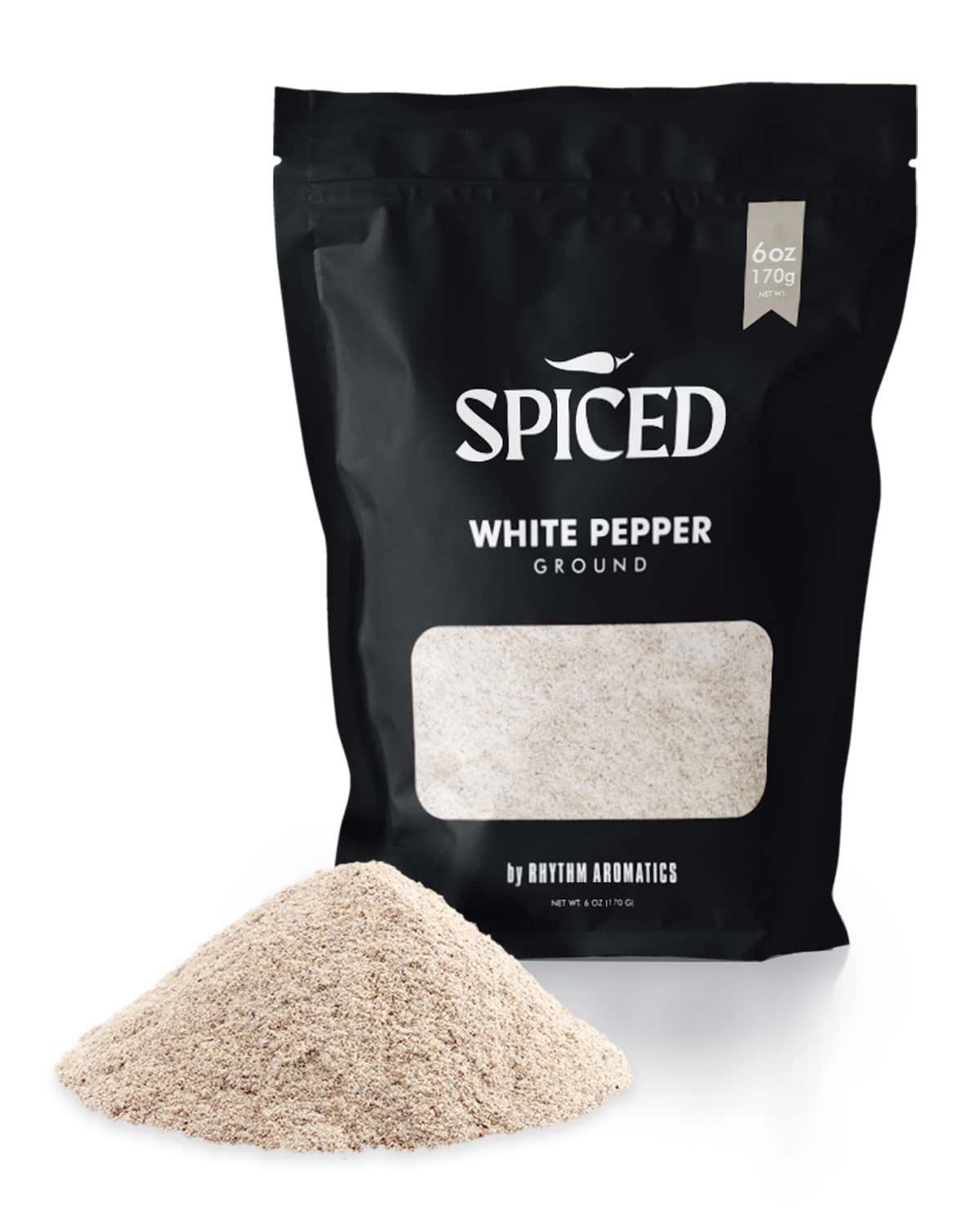 Rhythm AromaticsSPICED Ground White Pepper Powder 6 Oz. All Natural Gourmet 100% Ground White Peppercorns, Mild Peppery Spice for At Home or Professional Chef's