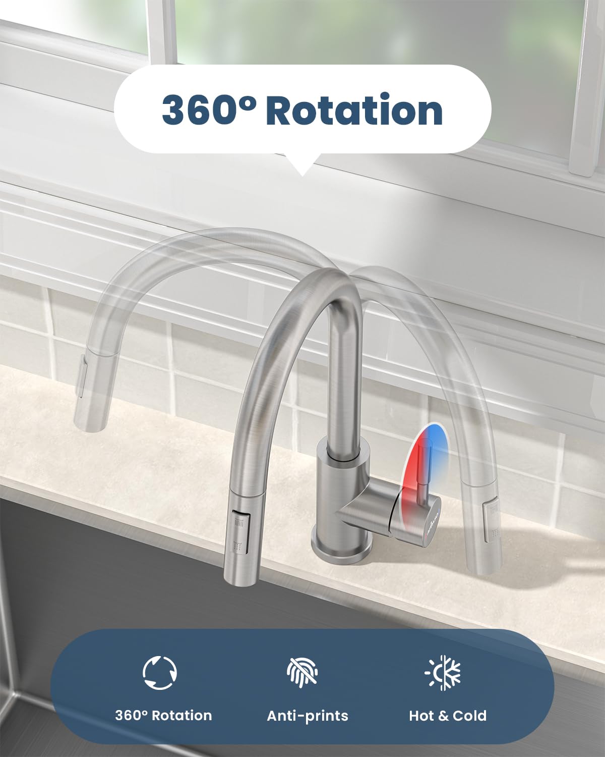 APPASO Niederdruck Armatur Küche, Niederdruck Küchenarmatur Ausziehbar, Wasserhahn Küche 3 Anschlüssen, Spültischarmatur Niederdruck mit 2 Strahlarten für Boiler Gebürstet