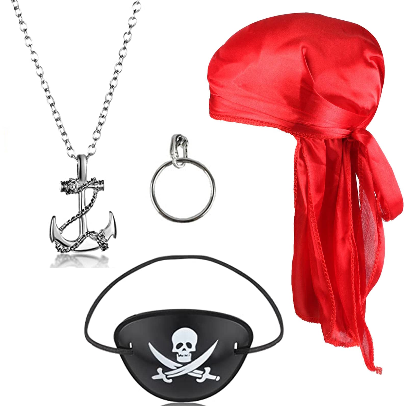 4 PCS Pirate Costume Accessories Kit, Kids Adults Fancy Dress Set Includes Eye Patches Red Pirate Bandana Sliver Anchor Necklace Hoop Earrings, for Kids Adult Halloween Party Supplies, Sliver