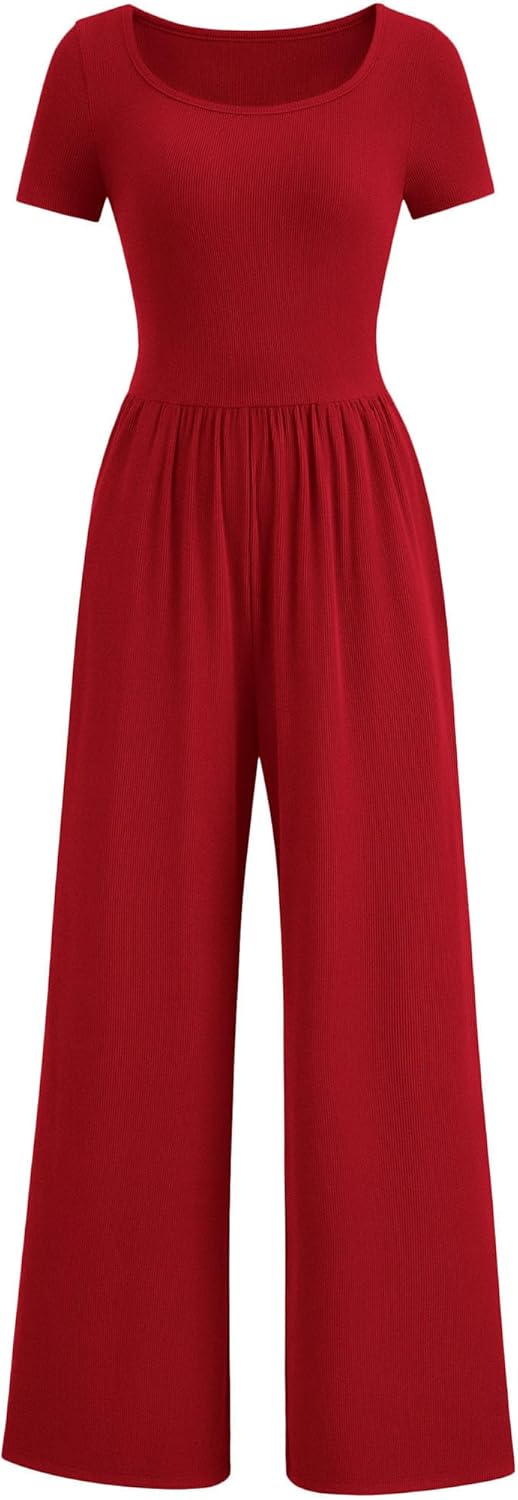 PRETTYGARDEN Women's Summer One Piece Jumpsuits Dressy Casual Short Sleeve Square Neck Wide Leg Jumpsuit Rompers
