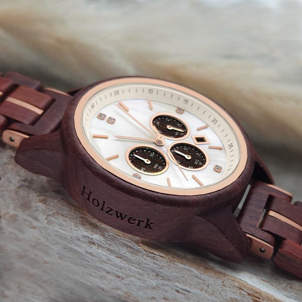 Holzwerk Germany Ręcznie wykonany designerski zegarek damski ekologiczny naturalny drewniany zegarek chronograf bransoletka zegarek analogowy zegarek kwarcowy brązowy złoty masa perłowa biała data