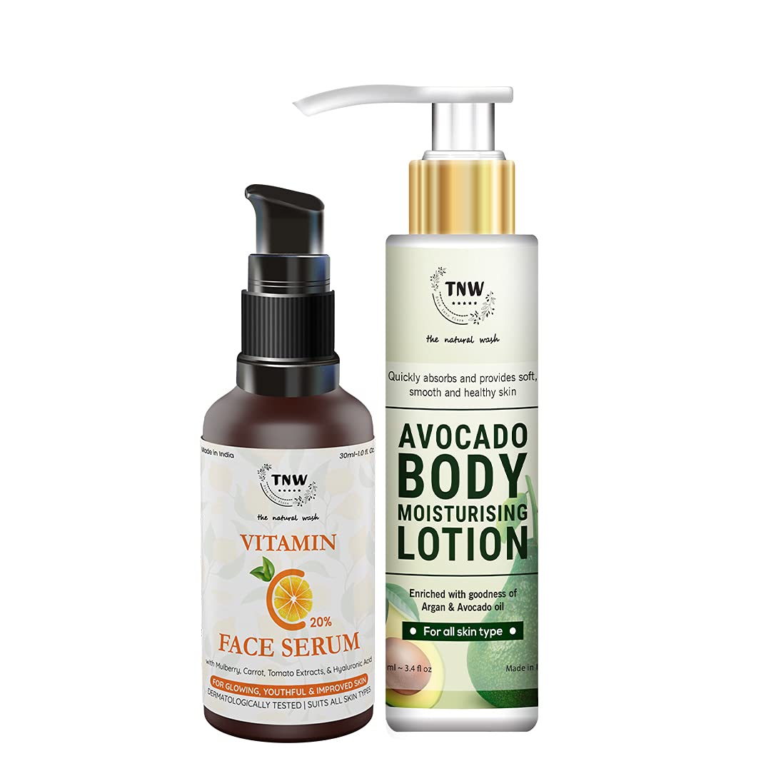 TNW-THE NATURAL WASH Vitamin C Face Serum|Skin Clearing Serum, Face Brightening Anti-Aging Serum & Nourishing Lotion Body Milk With Avocado Deep Moisture Lotion