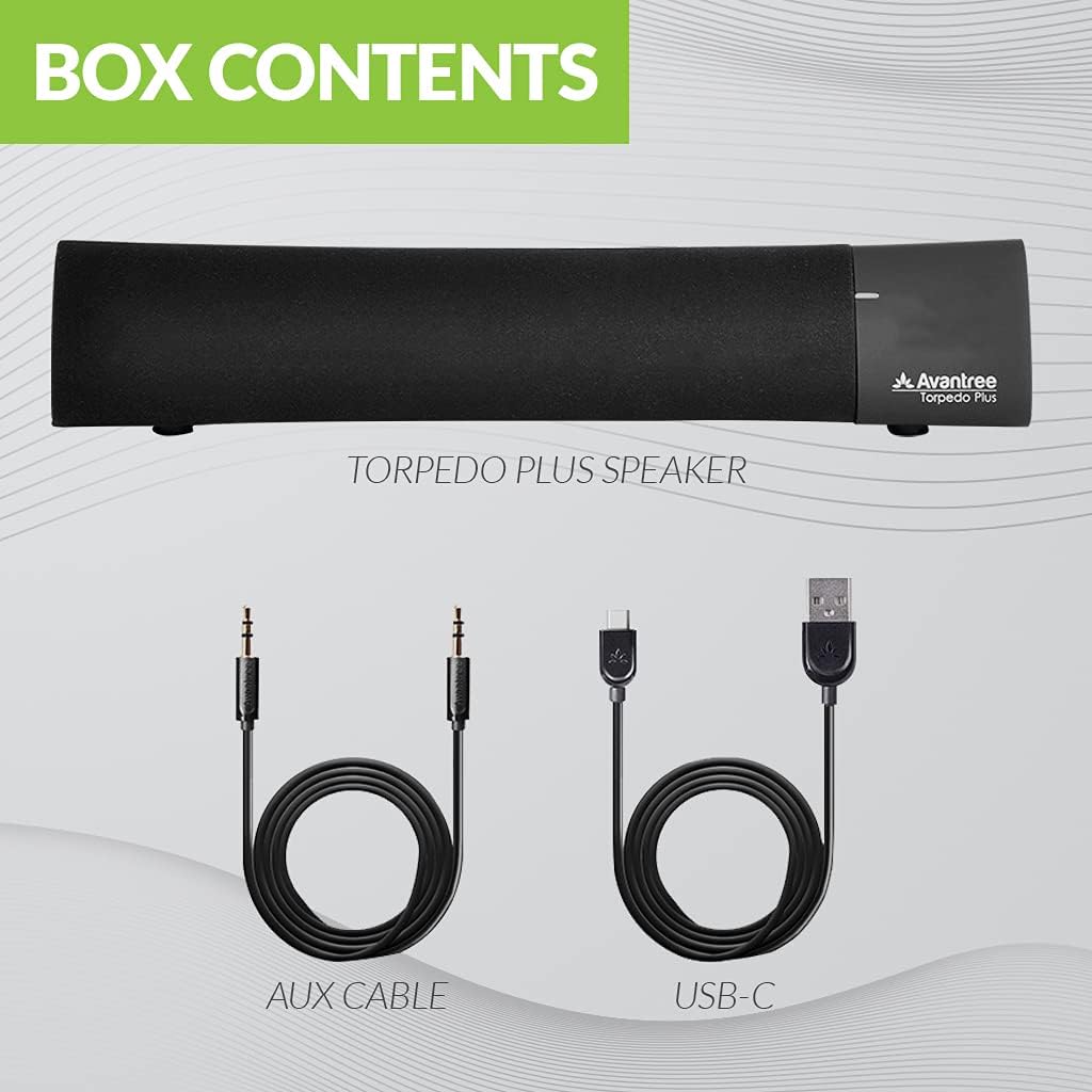 Box contents of Avantree Torpedo Plus speaker including speaker, USB-C cable, and AUX cable.