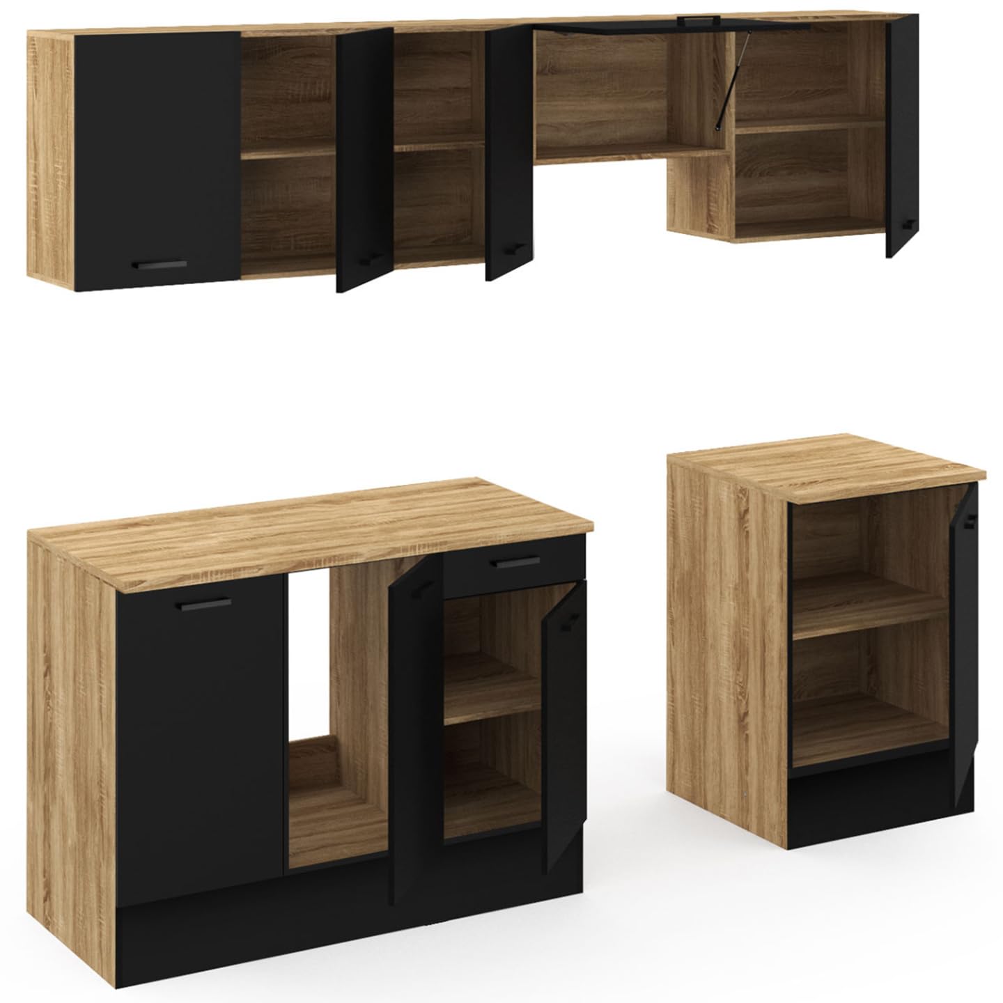 IDMarket - Cocina completa 240 cm Subtil con encimera 7 elementos madera y negro