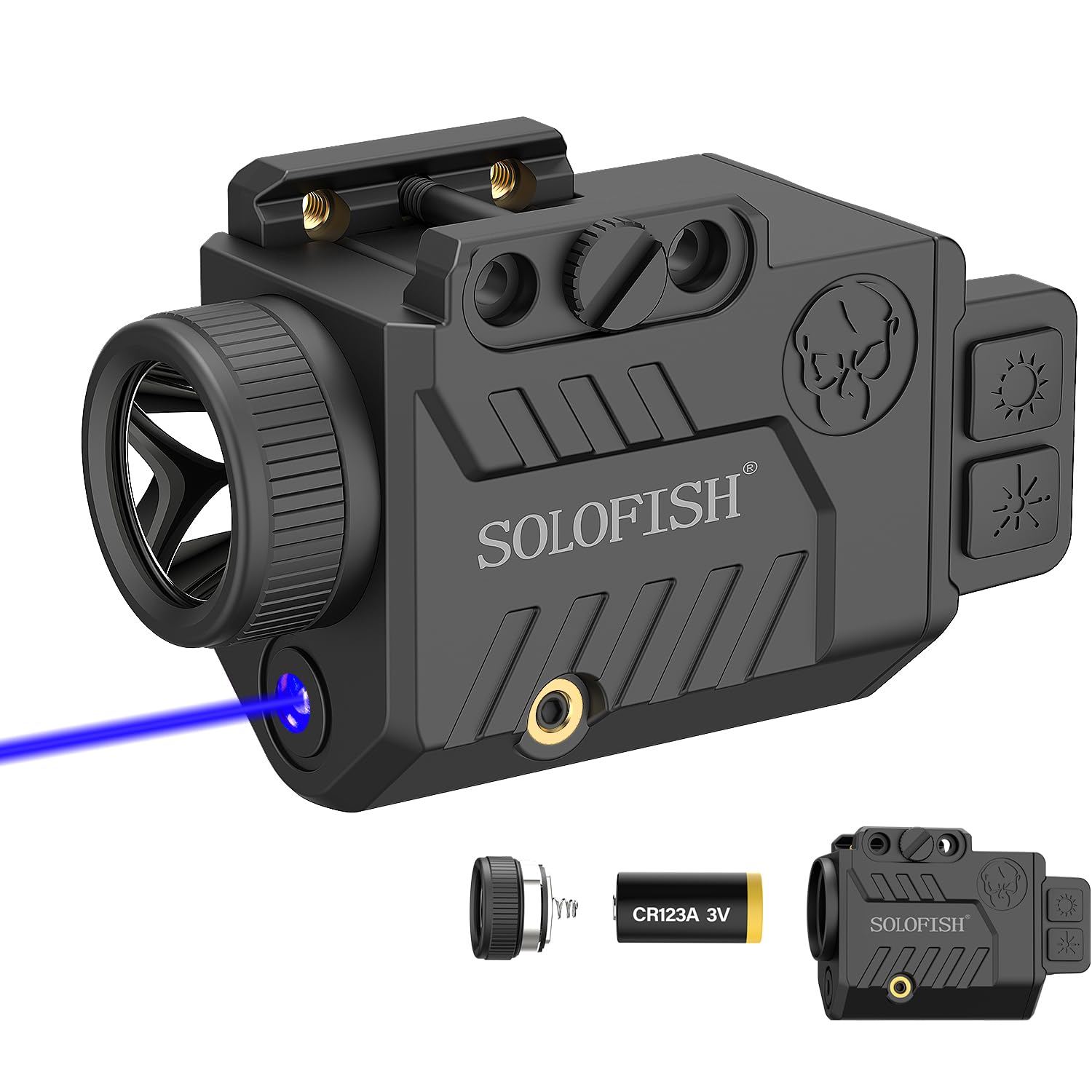 Solofish 600lm Pistol Light Laser Combo with Replaceable Battery for 21MM Rail, Shockproof Blue Laser Sight and Gun Light with Momentary & Strobe