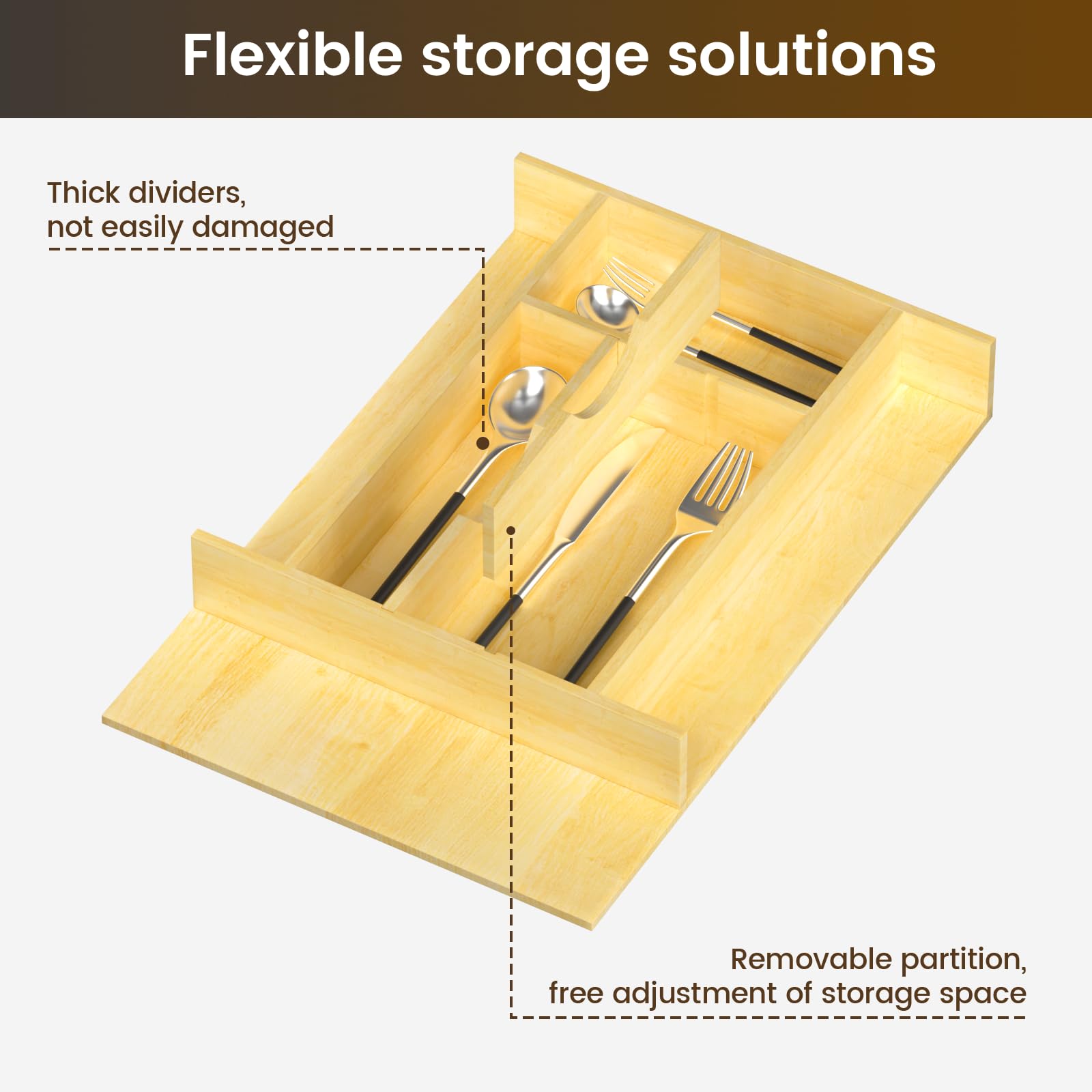 Organizador de cajones de madera con división ajustable para utensilios, cubiertos y cubiertos (33.5 cm de ancho x 49.5 cm de profundidad x 6.3 cm de alto)