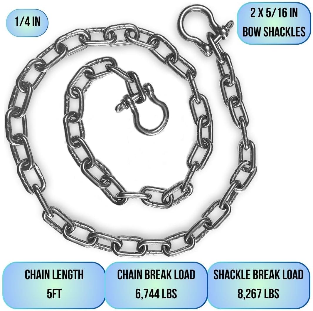 Anchor-Man Stainless Steel Boat Anchor Chain, Marine Grade, High Break Load with 2 Advanced Stainless Steel Shackles Boat Chains, 2 Sizes (L-5ft x D-3/16 || (L-5ft x D-1/4)