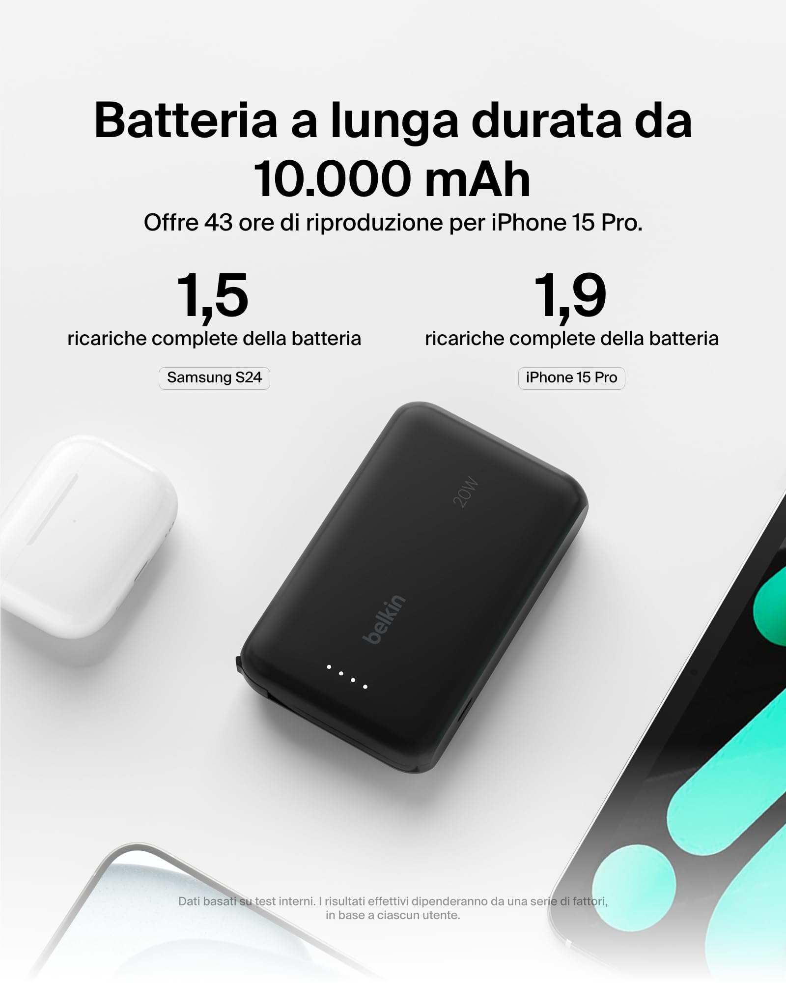 Belkin BoostCharge power bank 10 000 mAh con cavo integrato 20 W PD, caricatore portatile, ricarica USB-C PD rapida, power bank con ricarica rapida per iPhone 16 Series, iPad Pro, Galaxy S24 e altri