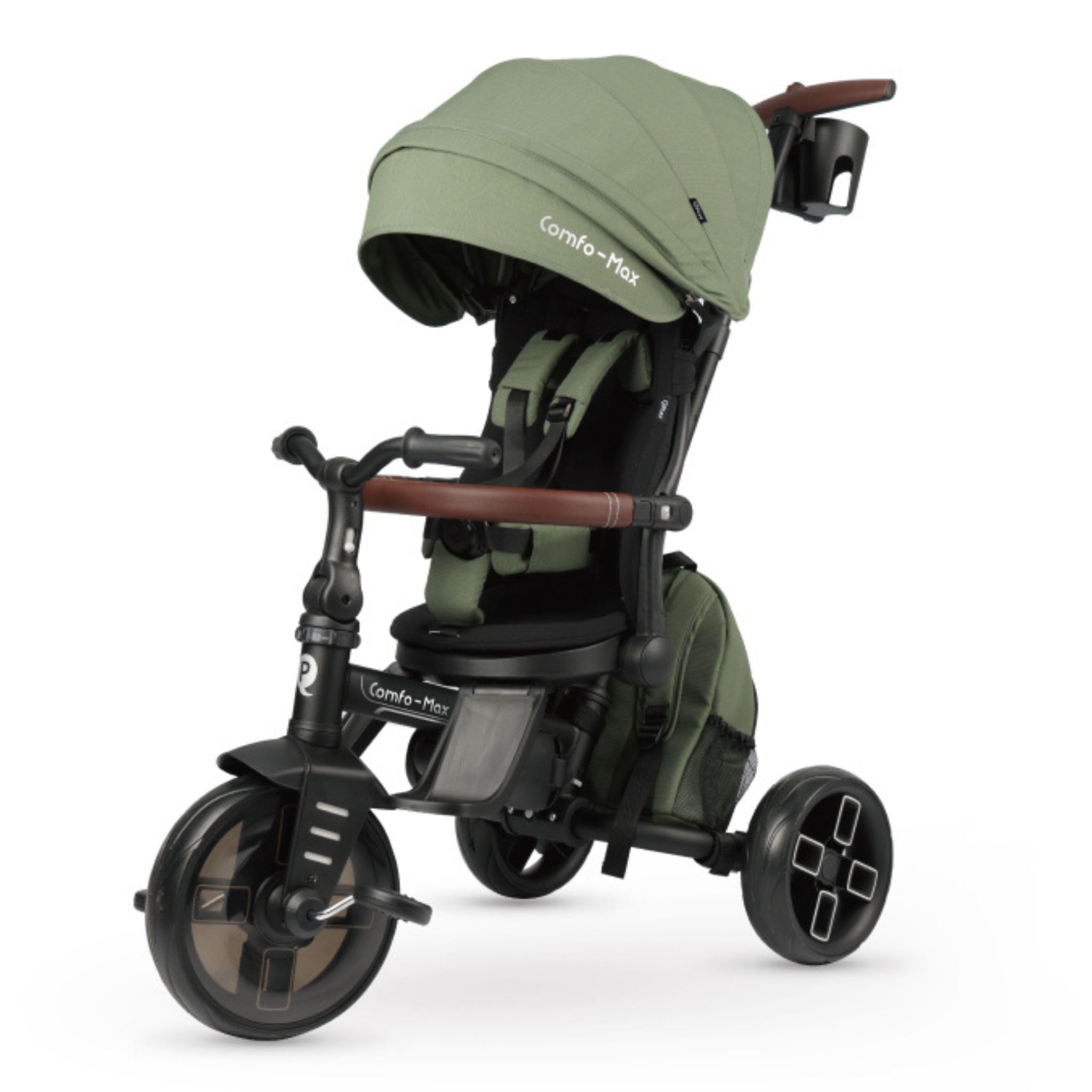 Triciclo evolutivo QPLAY Comfo Max 7 in 1 multi accessoriato, fronte strada e fronte mamma, reclinabile, adatto a bambini dai 10 ai 72 mesi, pieghevole, portata fino a 25 kg (Verde)