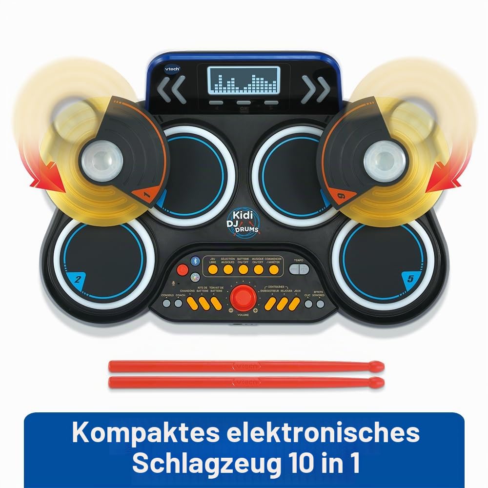 VTech - Kidi DJ Drums, elektronisches Schlagzeug für Kinder mit Leuchtpads, Becken, Sticks, Bluetooth, Klinkenstecker für Kopfhörer, Lernen und Spiele, Geschenk für Kinder ab 6 Jahren – Inhalt auf