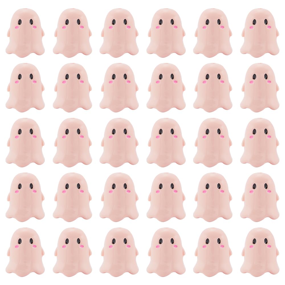 SUNNYCLUE 1 Box 30Pcs Ghost Beads Bulk Halloween Cartoon Bead Pink Acrylic Opaque Holiday 3D Ghosts Shaped Loose Spacer Small 2mm Hole Beads for Bracelet jewellery Making Necklace DIY Crafts Accessori