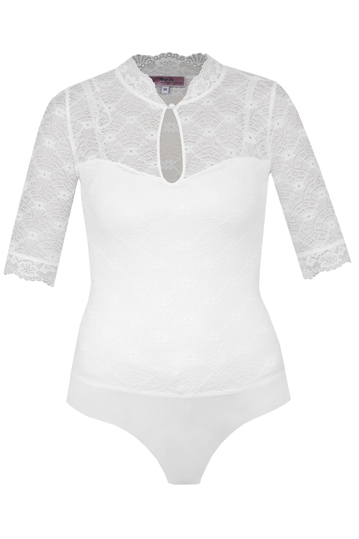 MarJo Damen Dirndlbody Hallerndorf Halbarm in Offwhite – Eleganter Body mit Stehkragen, tropfenförmigem Ausschnitt & perlenartiger Knopfschließe – Ideal für Trachten, Oktoberfest & festliche Anlässe