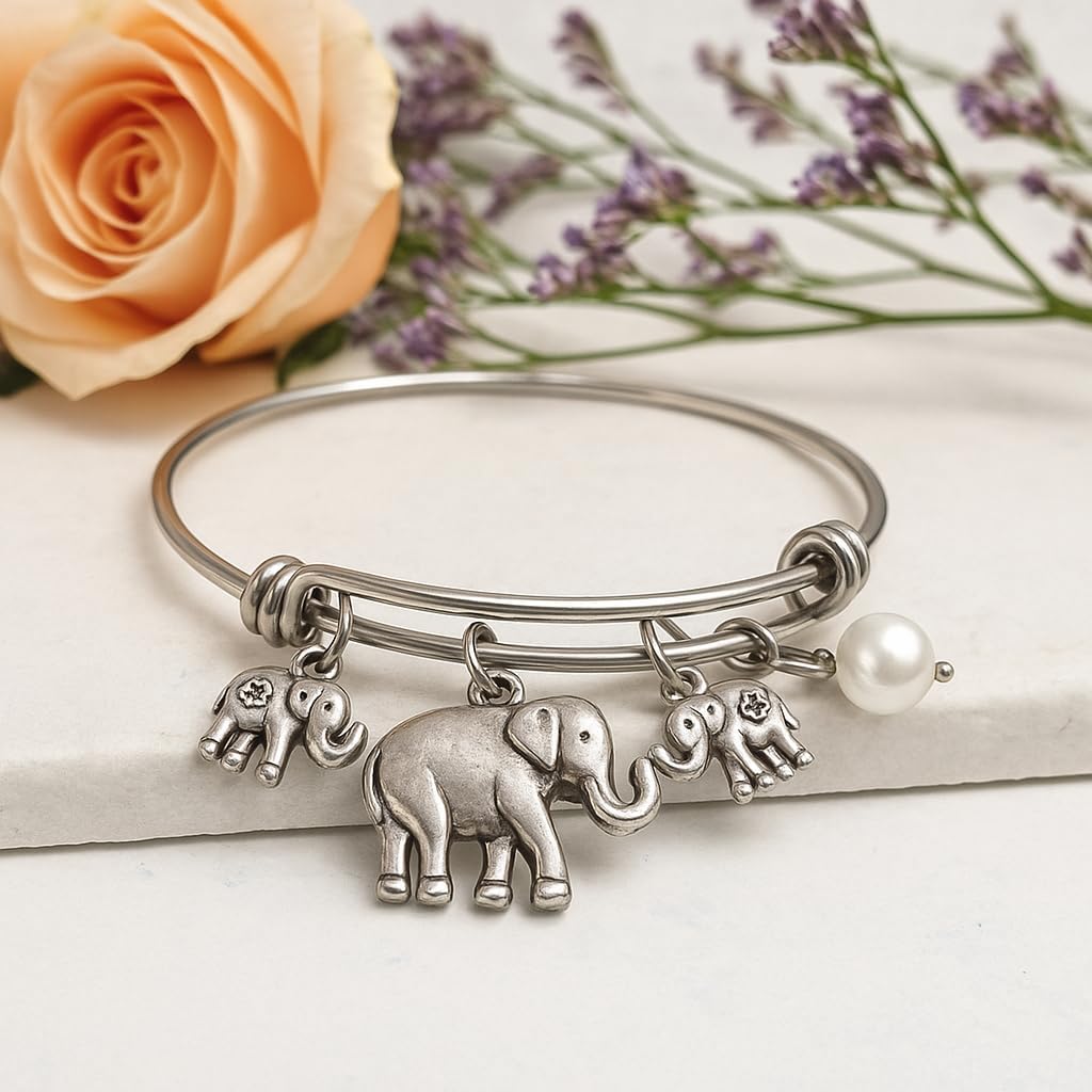 Elephant Pearl Handmade Bracelet on a Stainless Steel Expandable Bangle