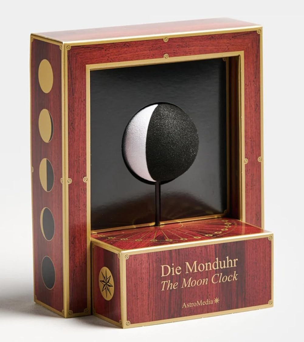 Astromedia Black The Moon Clock - Moon Phase Display - Classic - Approx. 12 X 7.5 X 14.5 Cm (W X D X H) - Astronomical Clock With Moon Phase Display