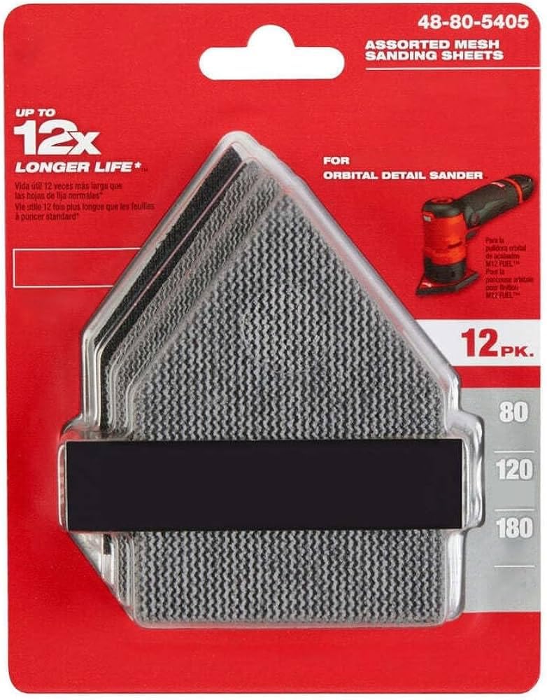 Fits Milwaukee 48-80-5405 80/120/180 Grit Sheets for M12 Orbital Sander, Nylon Backed, Aluminum Oxide Grit, Ideal for Wood, Metal & Plastic - 12 PK