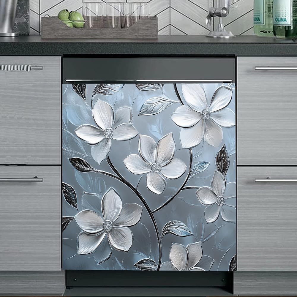 Magnetic Dishwasher Cover, Silver Stainless Steel Flower Dishwasher Magnet Cover, Kitchen Decor Appliances Magnets Decals, Reusable Refrigerator Magnetic Sticker (Mag503C15-4,23Wx26H Inches)