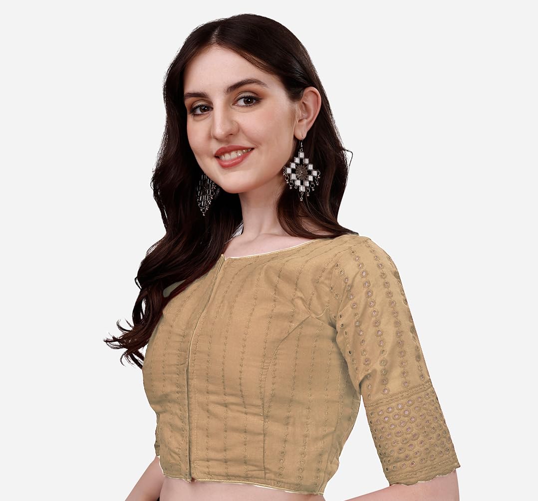 Pujia Mills Women's Trendy Hakoba Chikankari Work Half Sleeve Cream Saree Blouse(Hakoba 13 Cream_38)