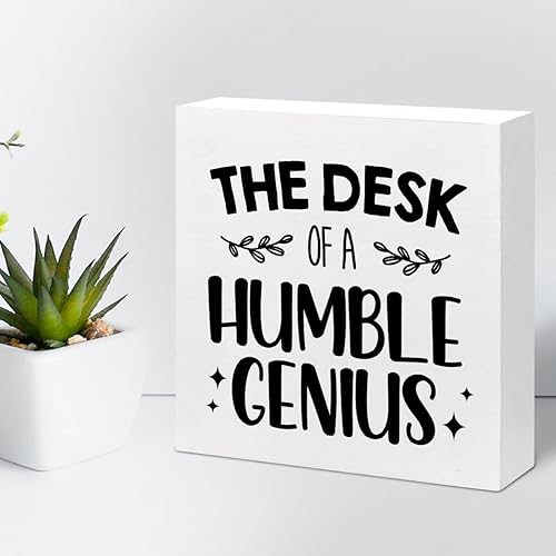 Miniatura 5 de Divertido letrero de madera con texto en inglés The Desk of a Humble Genius, decoración de caja de madera para decoración de estante de escritorio